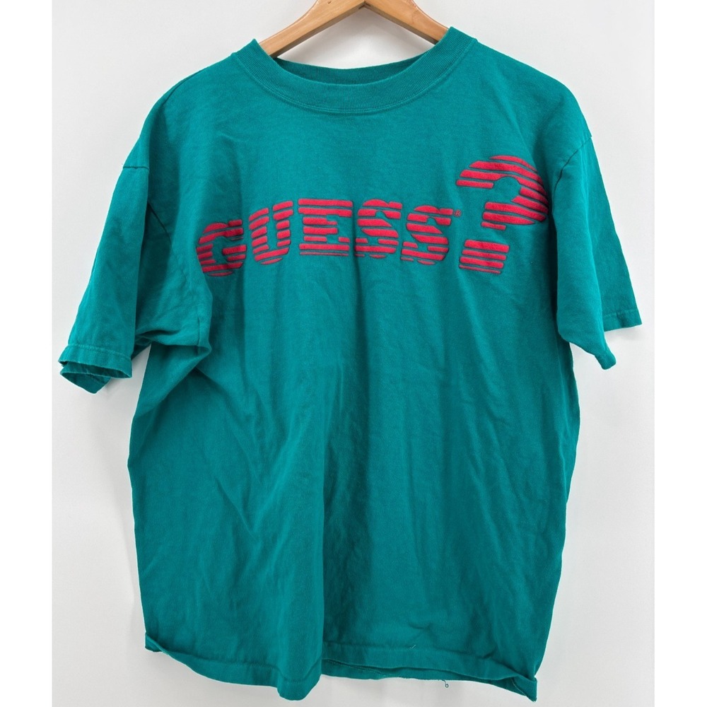 Guess Shirt Mens Teal Green Spell Out Logo 90s Vintage Short Sleeve One Size